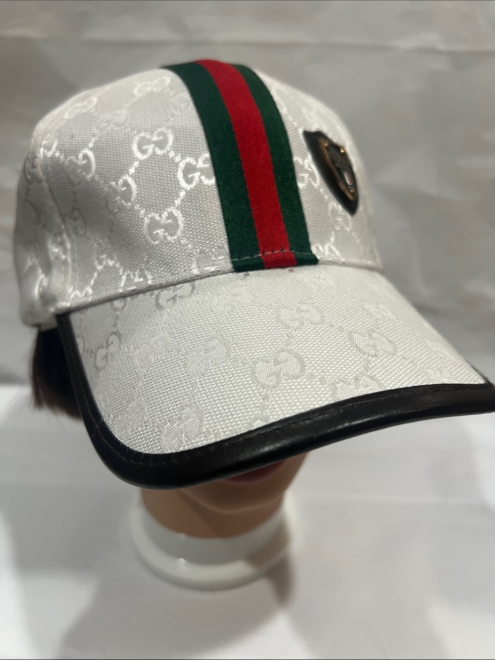 Gucci White Monogram Cap with Green & Red Center Stripe